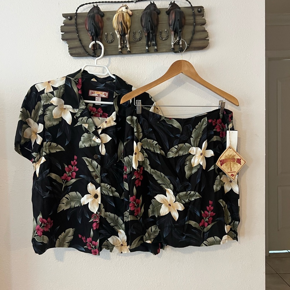 Caribbean Joe Black Floral Button-Front Top and Skirt